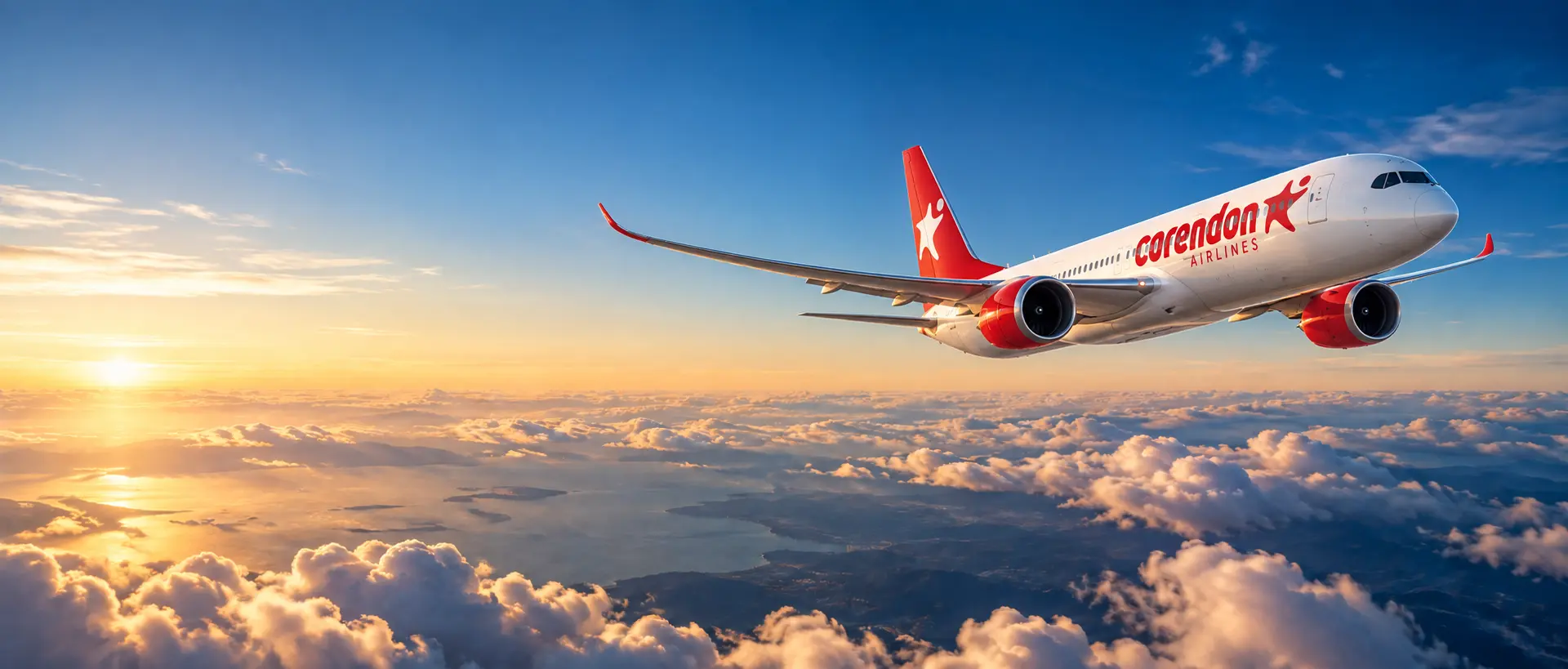 Passagiersvliegtuig in de lucht boven de wolken tijdens zonsondergang