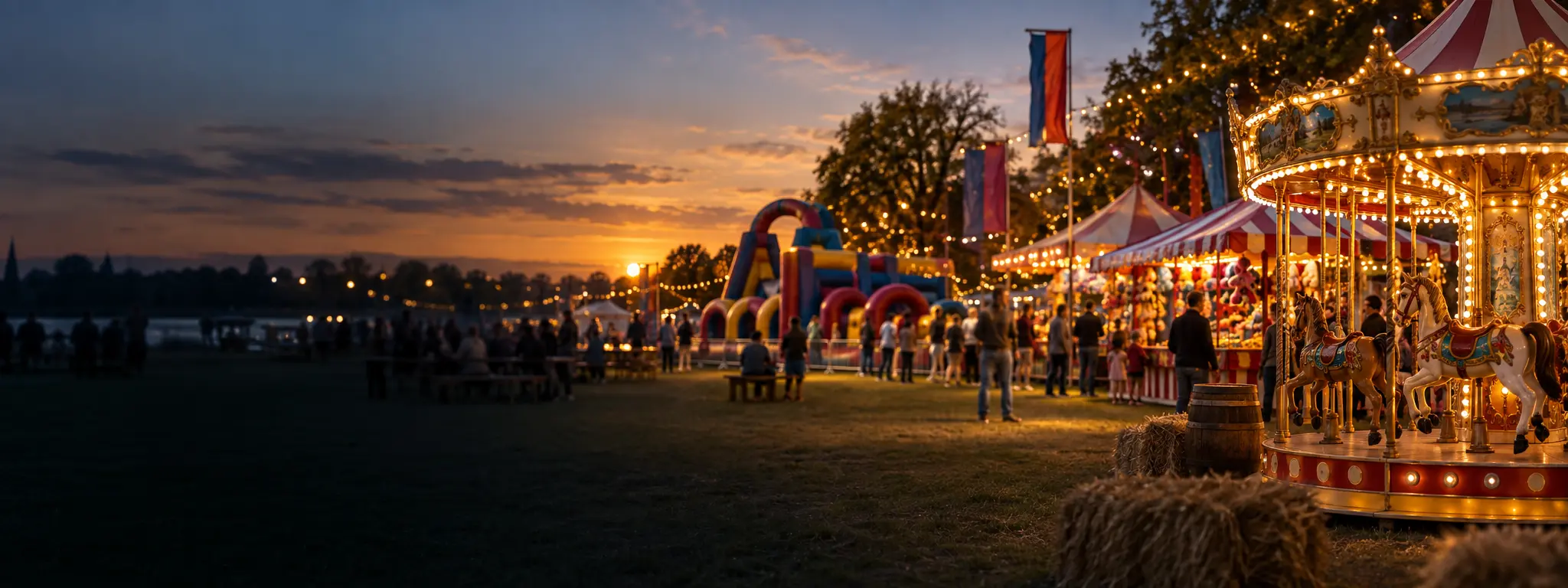 Sfeervol evenement met draaimolen, springkussen en mobiele attracties