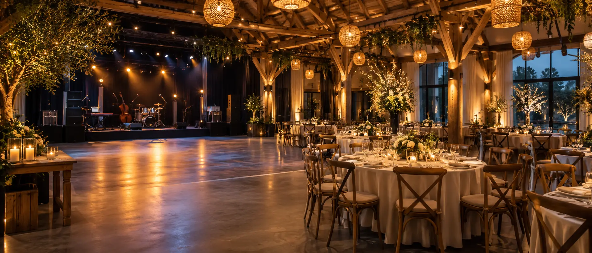 Sfeervolle feest- en evenementenlocatie met podium, dansvloer en gedekte tafels