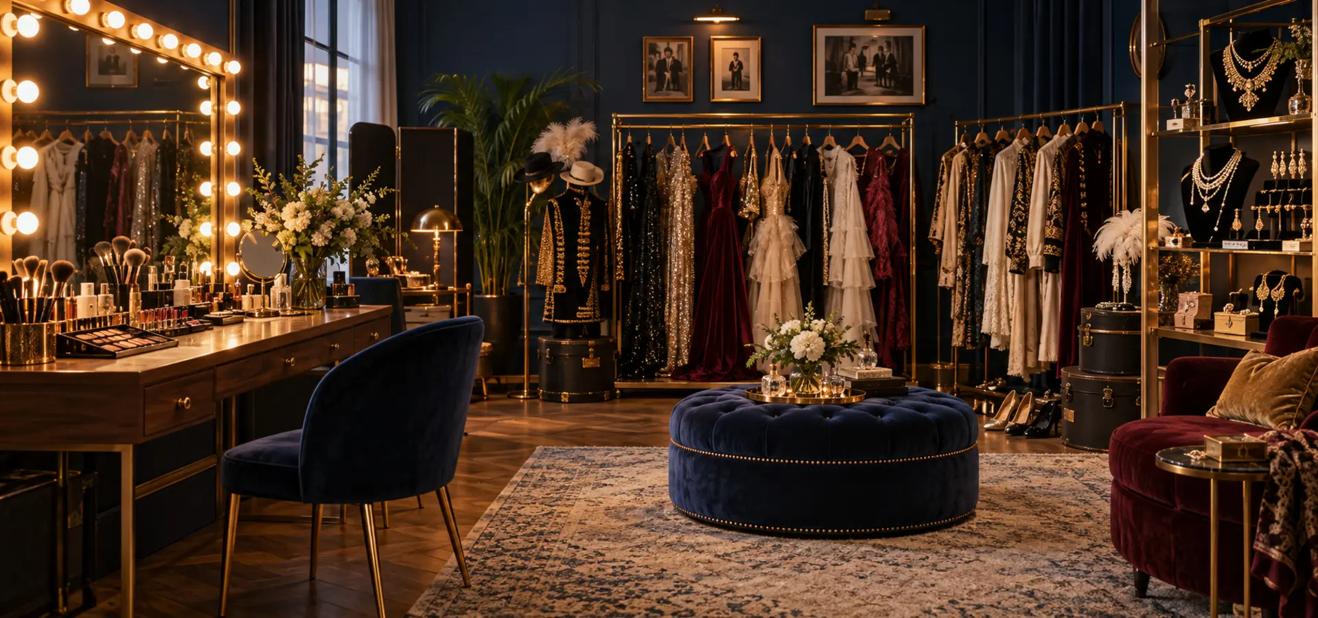 Visagie, kostuums en juwelen in een professionele kleedruimte