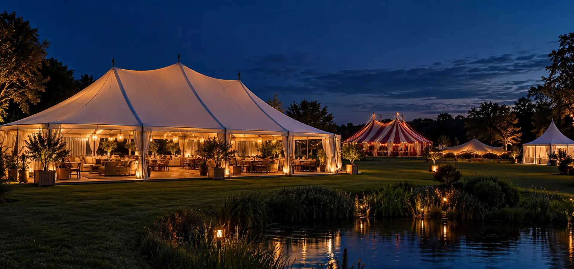 Feesttent en circustent sfeervol verlicht tijdens een evenement