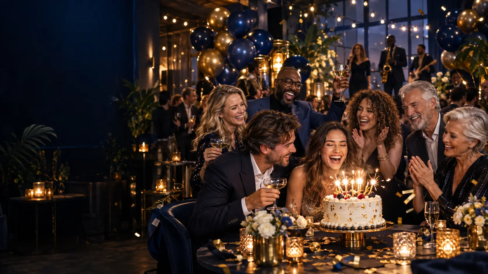 Feestelijke verjaardag met gasten, taart, gouden en diepblauwe ballonnen
